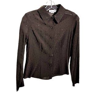 Tessuto Chocolate Brown Sheer Sparkle Button Down Rayon Blouse, Size 8